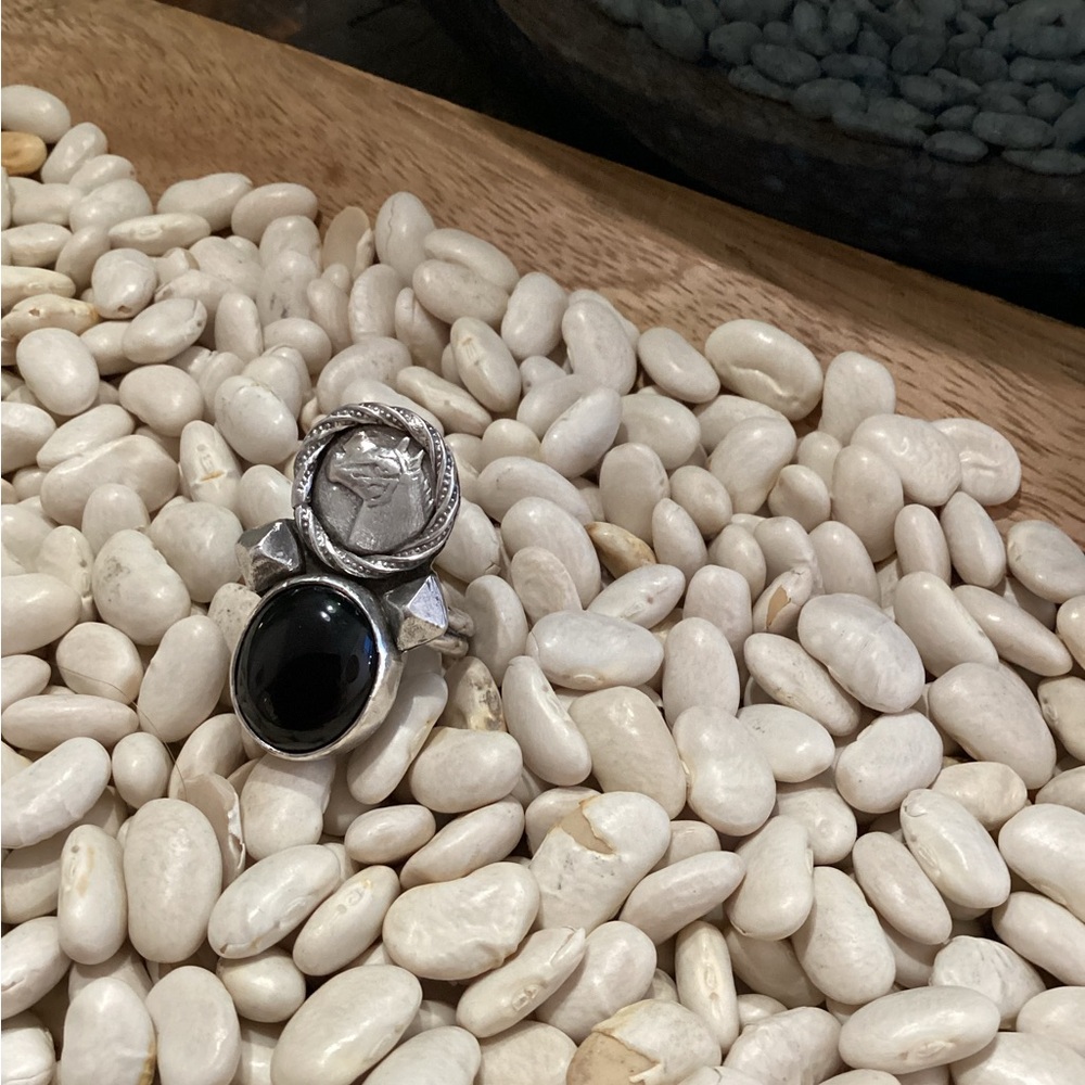 Elegant Sterling Silver and Onyx, Hand Crafted Ring Size 7.25
